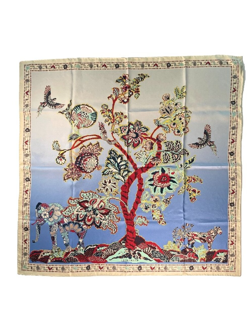 Longchamp Silk Scarf 34” Animal Botanical Tree Print Made in Italy Vintage